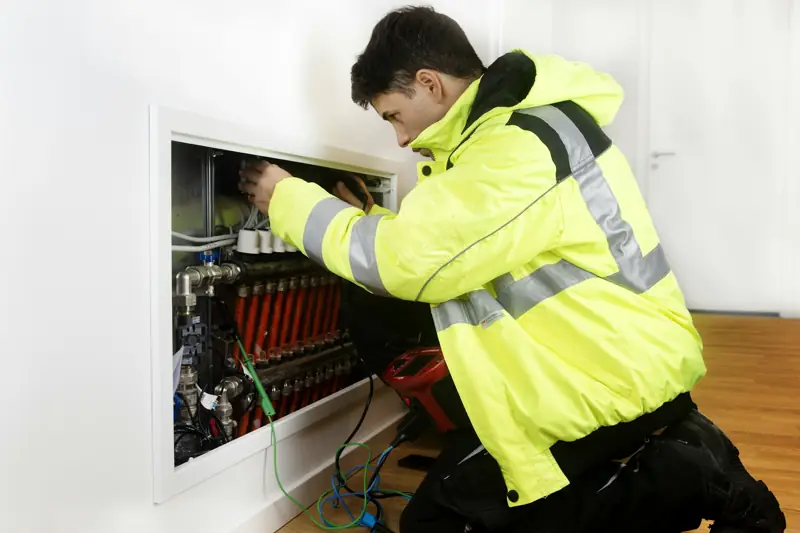 Électricien raccordant un collecteur de chauffage dans un logement